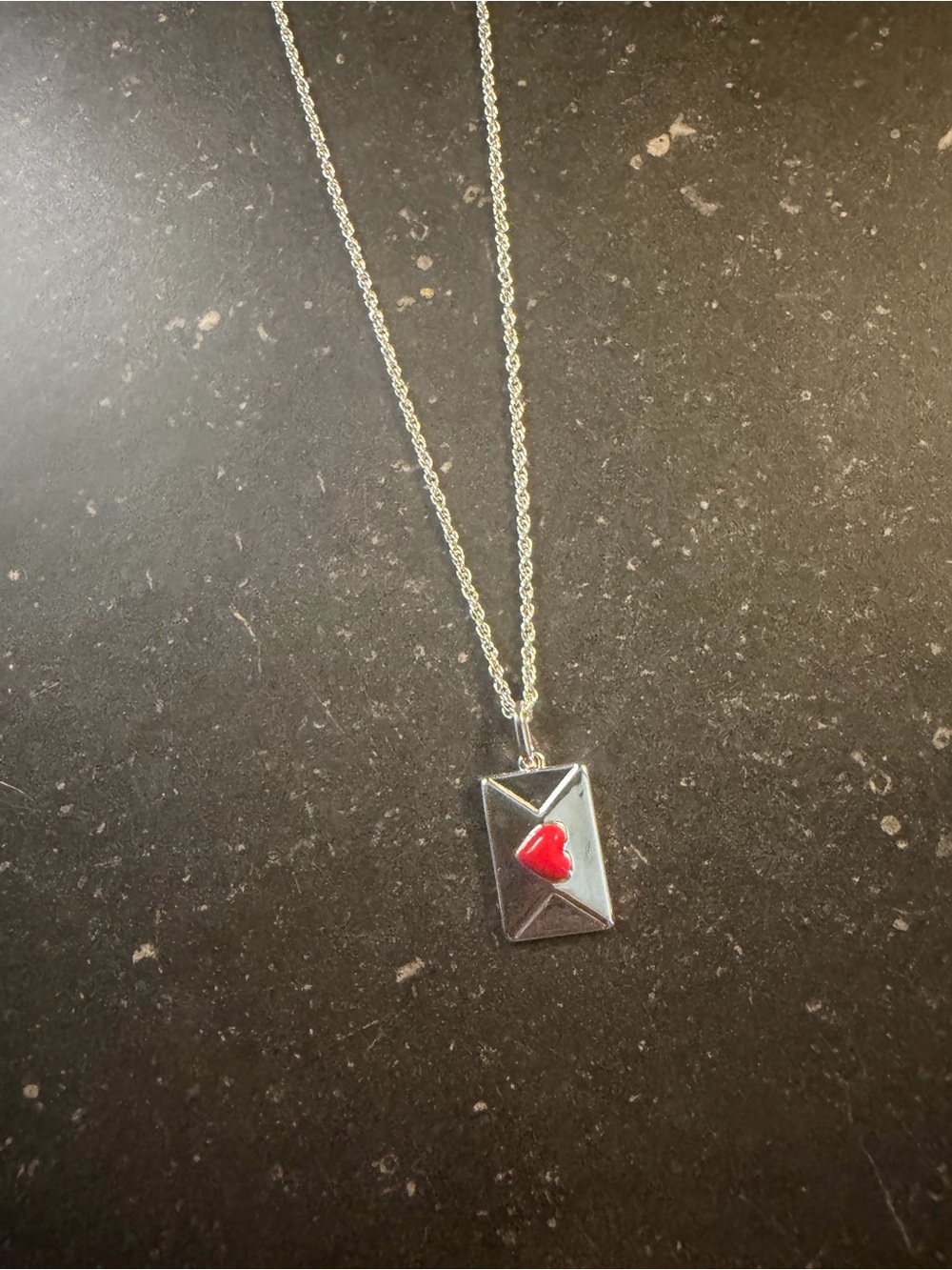 Sterling Envelope Pendant Necklace with Red Heart Accent